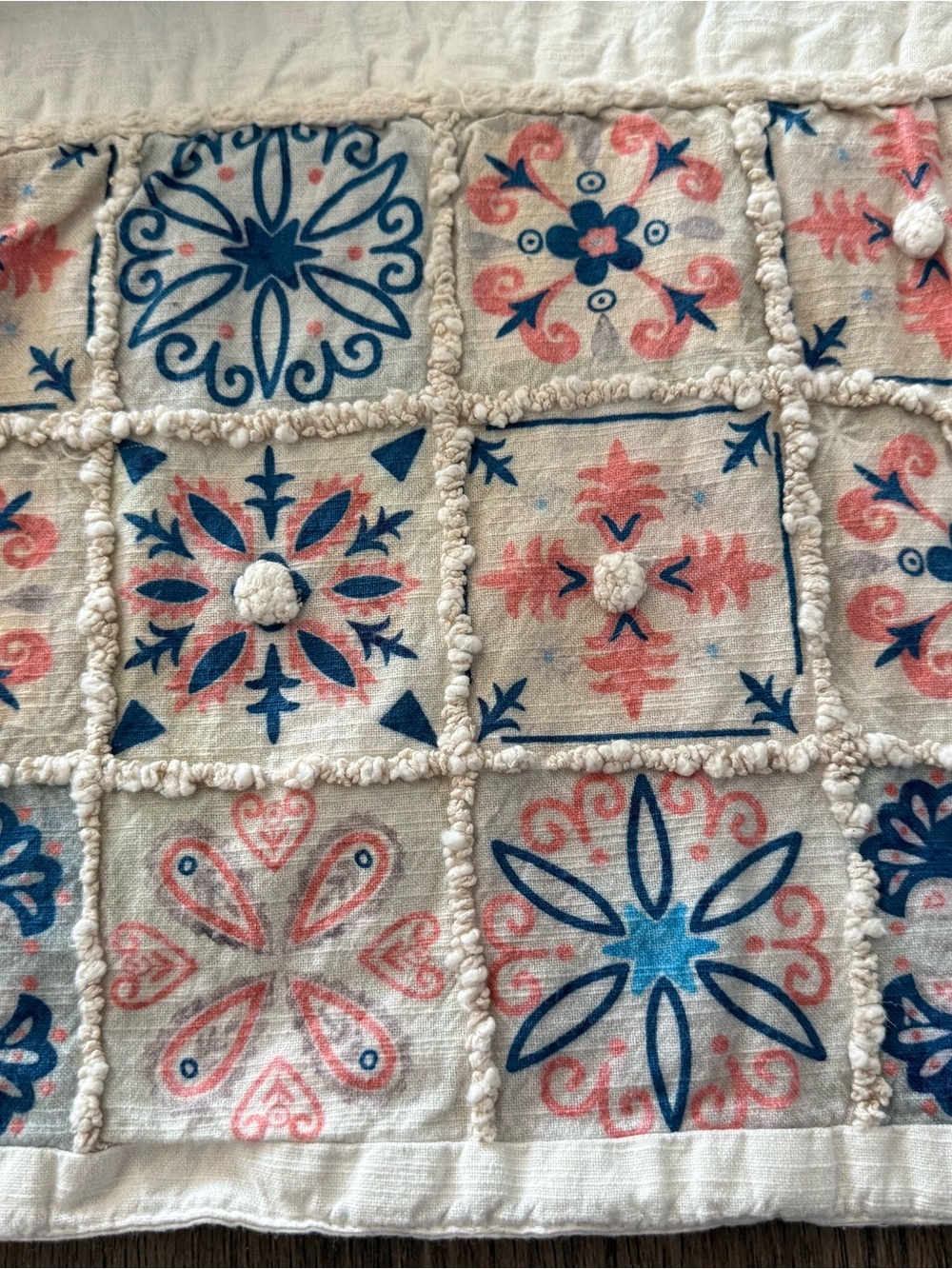 Textured Boho Tile table runner  in Blue and Coral